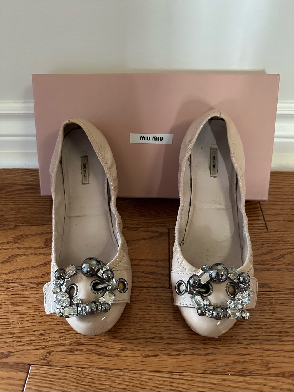 Miu Miu Pale Pink Embellished Leather Ballet Flats